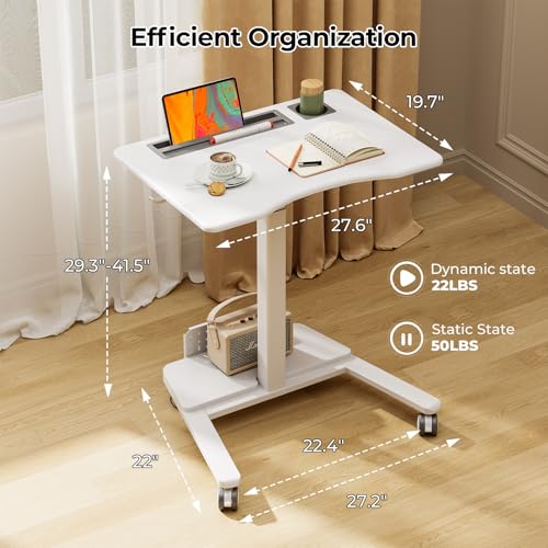 Image of 28 inch Mobile Standing Desk with Storage, Rolling Laptop Cart on Wheels, Portable Sit Stand Workstation with Shelf & Cup Holder for Classroom, Home Office, White