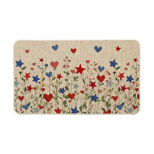 Artoid Mode Red Blue Star Flowers Patriotic 4TH of July Doormat, Memorial Day Home Decor Low-Profile Switch Rug Door Mat Floor Mat for Indoor Outdoor 17x29 Inch