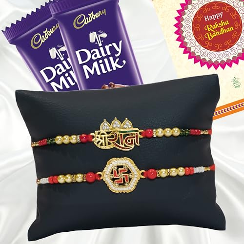 Image of Canton Rakhii Gift for Brother with Chocolate - Designer Rakhi for Brother with Cadbury Gift Hamper Pack, Roli Kumkum & Greeting Card (Design-14, 2 Rakhi + Cadbury)
