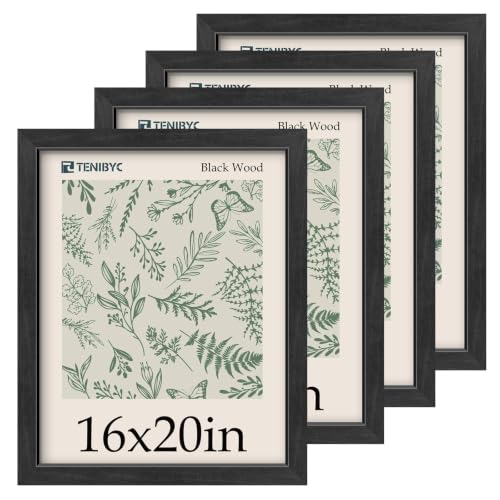 TENIBYC 16x20 Picture Frame, Black Wood, 4 Pack, Glass, Wall Mounting