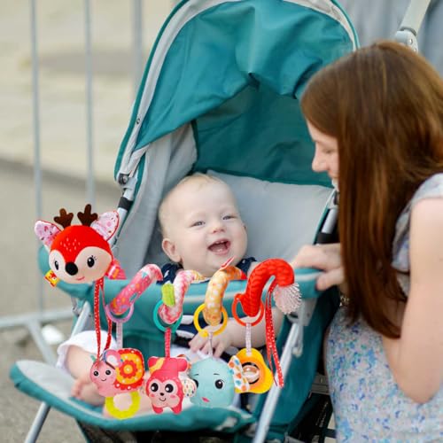Image of Infant Stroller Toys, Sensory Car Seat Toys for Babies 0-6 Months Red Deer | Infants Activity Spiral Hanging Crib Toy Gift for Baby Boys and Girls 0 3 6 12 Months Newborn Toy with Rattles Squeaker Music