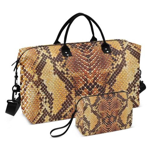 Aflyko Travel Duffel Bag Snake Skin Pattern Brown Sport Tote Gym Bag Weekender Overnight Bag for Men Women Flight Approved Carry On Bag Fitness Dance Go-To Bag Daily Bag