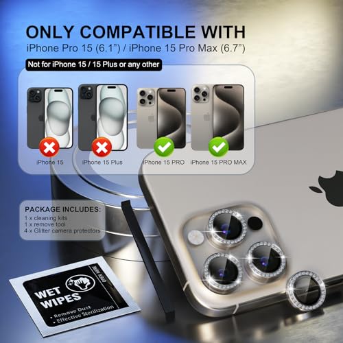 Image of Choiche Compatible for iPhone 15 Pro /iPhone 15 Pro Max Camera Lens Protector Bling, 9H Tempered Glass Camera Cover Screen Protector Metal Ring Decoration Accessories (Diamond-Titanium Natural)