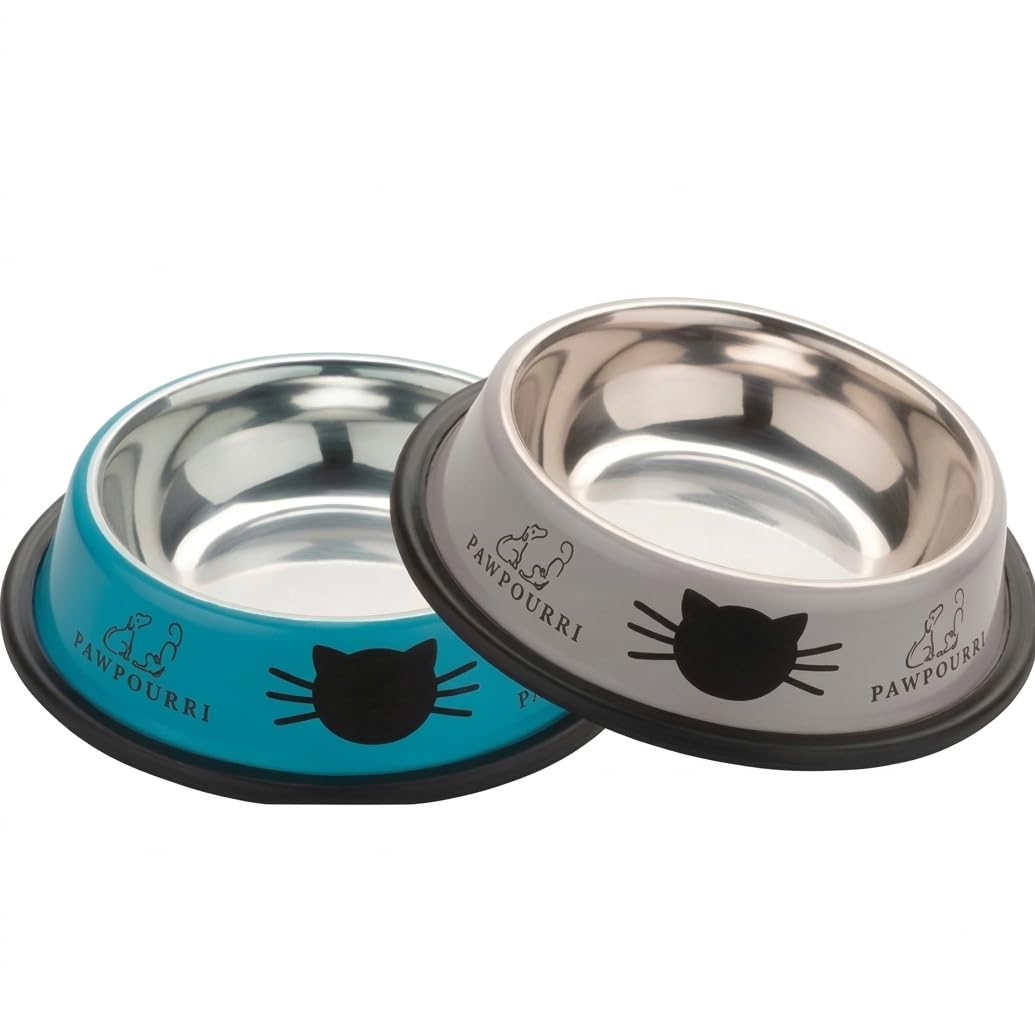 2 Pack Printed Stainless Steel Cat Bowls – 8 fl oz Anti-Skid Food & Water Cat Feeding Bowls | Cat Dish for Food and Water Bowl | Cat Feeding Bowl for Kitten (Blue & Grey)