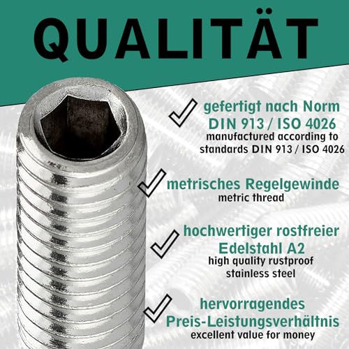 Gewindestift mit Kegelkuppe und Innensechskant (ISK) nach DIN 913 / ISO 4026, Edelstahl A2 V2A, Madenschraube (10 Stück, M3x8 mm)