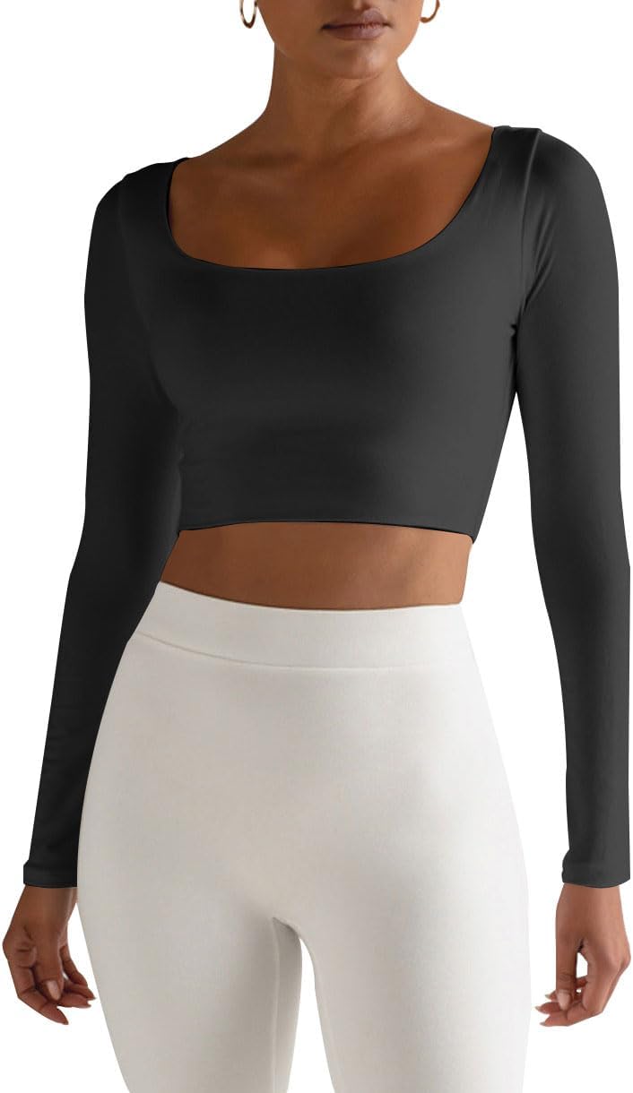 Women's Basic Long Sleeve Square Neck Crop Top Double Lined Slim Fit T-Shirt - Image 2