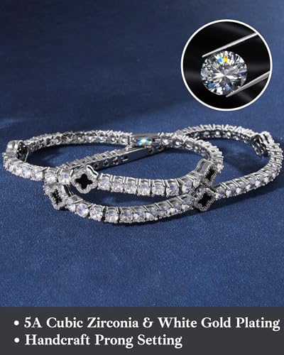 LuxeFlex 4mm Iced Out Four Leaf Tennis Bracelet, White Gold Plated with 5A Zircon Stones, Handmade exquisite Hip Hop Jewelry, Perfect Unisex Gift4