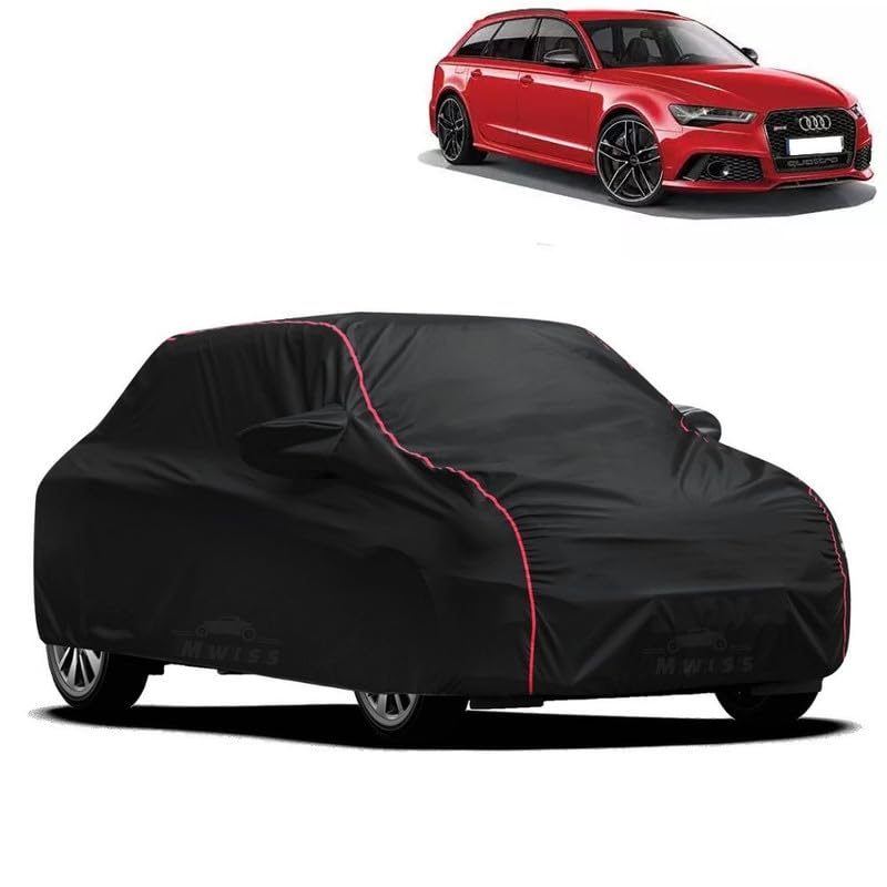Image of Waterproof Car Cover for Audi RS6 | All-Weather Protection, Dustproof & UV Resistant | Triple Stitched Mirror Pockets, Windproof Buckle Strap with Elastic Hem, Black-Red Piping