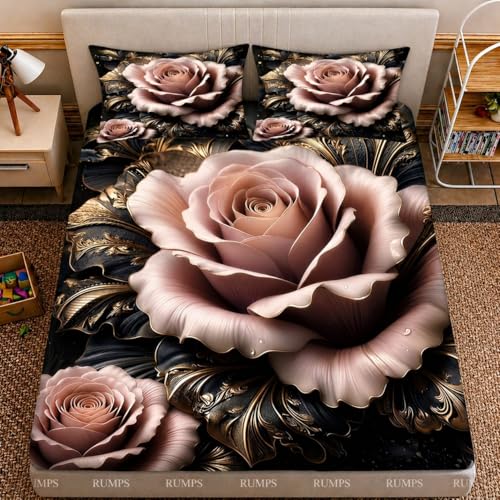 Image of RUMPS 3D Digital Printed Double Bedsheet Flat | Premium Knitted Cotton MicroFabric 90x100 Inch Bed Sheet with 2 Pillow Covers, Cute Cartoon Blue Bird (7D Digital Pink Flower)