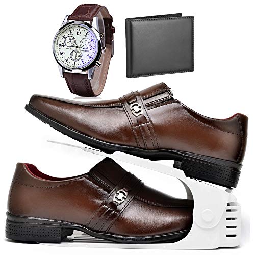 Kit Sapato Social Com Organizador, Carteira e Relogio Masculino DUBUY 806DB Tamanho:42;cor:Marrom;gê