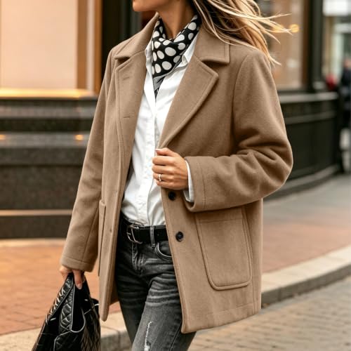 Wool Coats for Women Lapel Button Down Lined Winter Peacoat Jacket Dressy - image 3