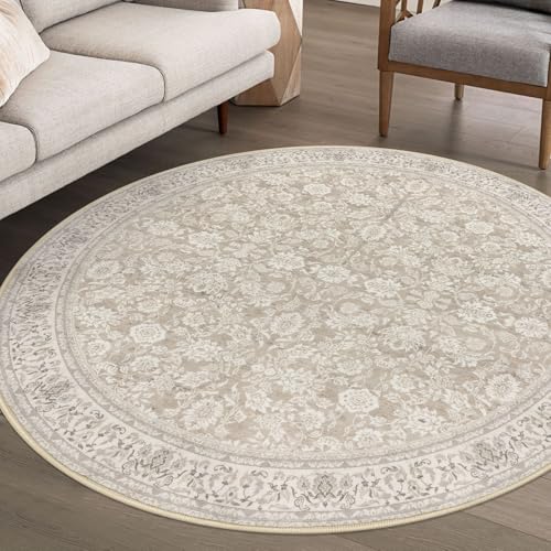 Cream Beige White Grey 6' Round Rug Washable Rug for Entryway Soft Non-Slip Area Rugs Distressed Floral Low-Pile Carpet, Neutral Vintage Circle Rugs for Living Room Dining Bedroom Foyer