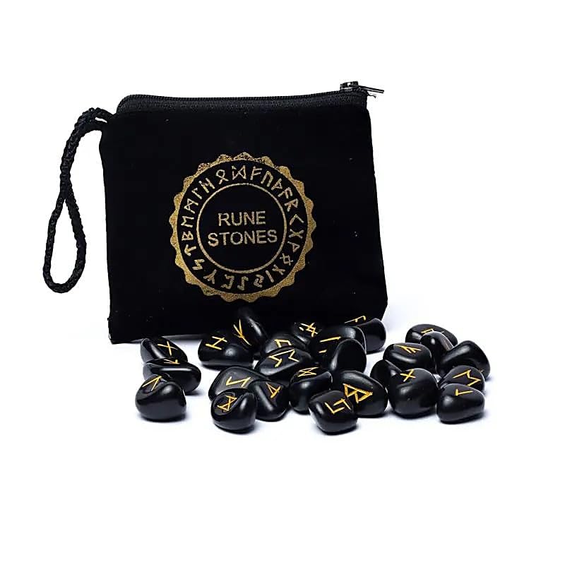 SET Rune Oracle en Agate Noire – 25 Pierres dans une Pochette en Velours avec Notice Français