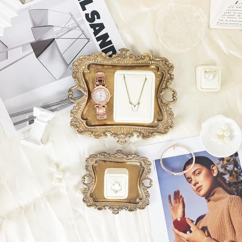 Image of Funly mee Antique Trinket Dish Vintage Metal Jewelry Tray, Wedding Ring & Necklace Holder -8 x 7 inches (Gold, M)