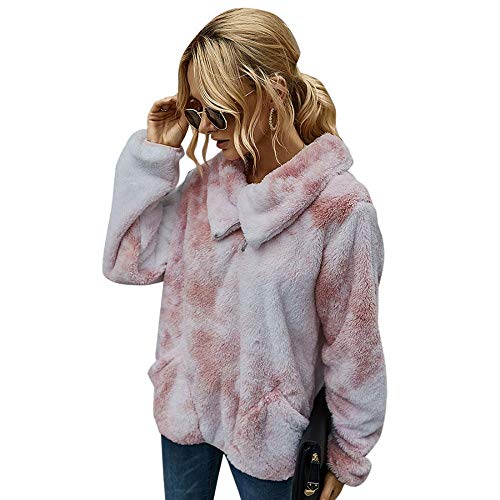 Women\'s Fuzzy Fleece Tie Dye Pullover Sweatshirt Long Sleeve Oversized Winter Sherpa Coat Outerwear with Pockets (Pink,M)