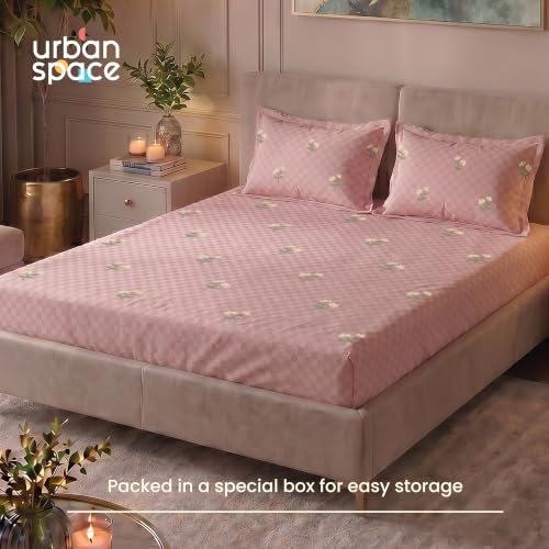 Image of Urban Space 100% Cotton 300TC Jacquard Embroidered bedsheets for King Size Bed, Pure Cotton King Bedsheet, Checks bedsheet King Size with 2 Pillow Covers (108 inch x 108 inch, Neerja Dusty Pink)