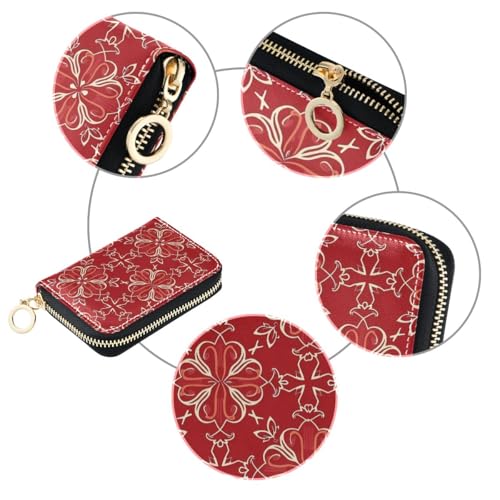 Credit Card Holder Wallet for Women RFID Blocking Zipper Card Cases Paisley Boho Red Leather Slim Small3