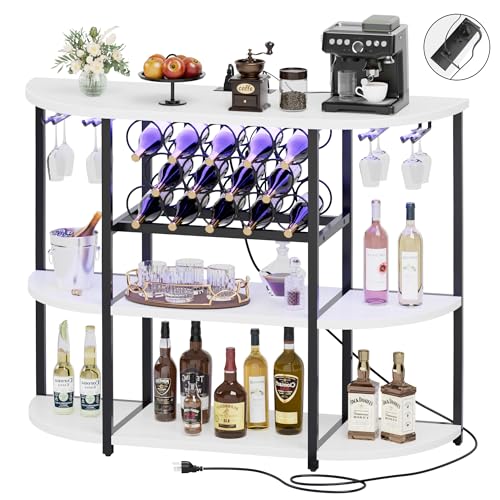 Shahoo Wine Bar Cabinet with Rack, Power Outlets, LED Lights, Shelves for Liquor and Glasses for Home Kitchen, White