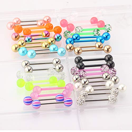 Suotarn 40Pcs 14G Mix-Color Stainless Steel Straight Barbell Tongue Rings Bars Piercing 5/8" Length Acrylic Glow In Dark Flexible Retainer Body Jewelry For Women Men #TOP2