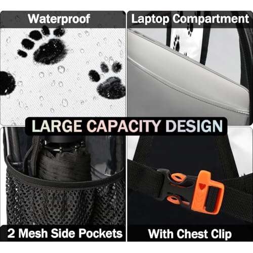 Cat Dog Paw Print Clear Backpack for Stadium Events, Black White Waterproof Clear Bag for Women Men Adult Sport Work Daily Music Festival and Concerts3