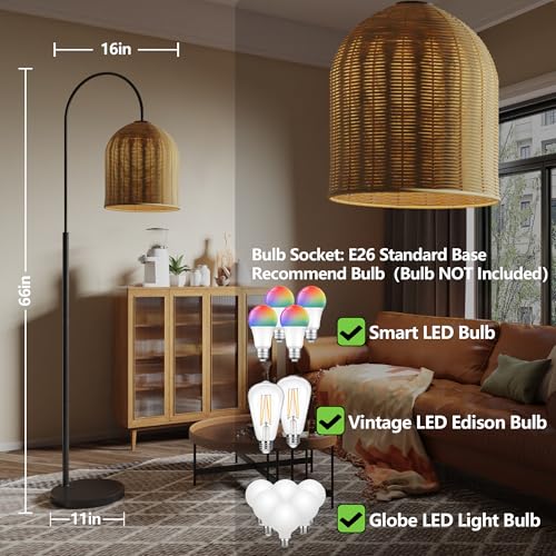 Image of Rattan Floor Lamp, 66in. Boho Floor Lamp with Natural Brown Rattan Shade, Rustic Arc Standing Lamp for Coastal, Beach or Bohemian Style Decor (Coastal-Black)