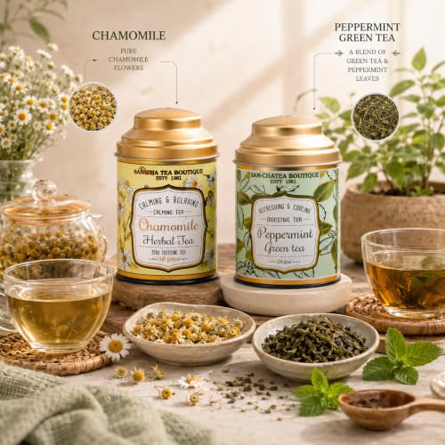 Image of Sancha Tea Boutique, Tea Combo Pack, Chamomile Herbal Tea (50g) & Peppermint Green (100g), Loose Leaf Blends, Caffeine Free Herbal Tisane & Refreshing Calming Drinks