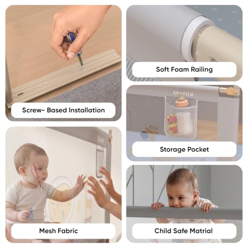 Image of Cherilo Baby Bed Protector Side Walls | (6.5ft / 200cm), 1 Side | Foldable & Height Adjustable Bed Railing for Baby Safety | Breathable Mesh, Kids-Friendly Prints | Grey (Pack of 1)