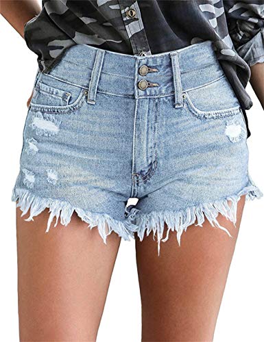MODARANI Blue Denim Shorts for Women High Rise Waisted Frayed Raw Hem Ripped Shorts Light Blue XXL