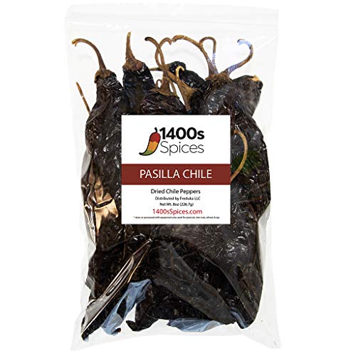 8oz Pasilla Chiles Dried, Whole Dried Chile Seco Mexican Peppers, Versatile Mexican Ingredients for Medium Heat Salsa, Dried Mexico Chiles for Tasty Cooking Recipes, Whole Chilli Dried Peppers by 1400s Spices