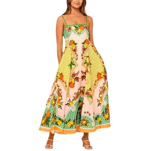 YAODAMAI Robe à Bretelles pour Femmes imprimée Fruits Robe balançoire sans Manches pour Femmes en Vacances