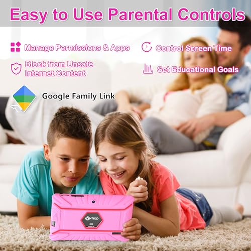 Image of Contixo Kids Tablet Bundle, 7 inch Learning Tablet with Headphones, Pink | 7 inch IPS display, 32GB storage, parental controls, wired headphones, durable case, learning apps, ages 3-12.