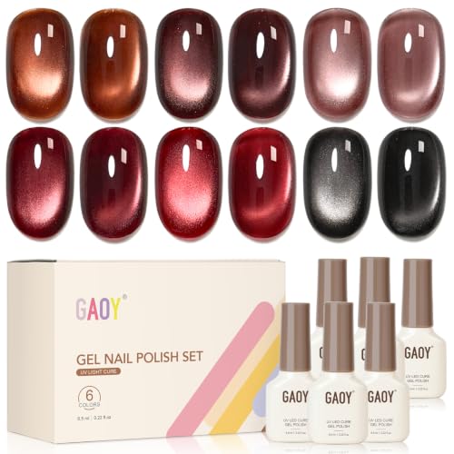 GAOY Red Cat Eye Gel Nail Polish Set 6 Colors, Crimson Allure