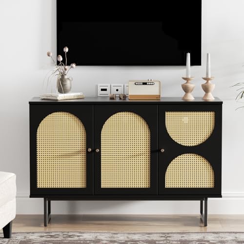 Image of FiveWillowise Storage Cabinet with 3 Arched Rattan Doors, Rattan Sideboard Buffet Cabinet with Storage, Boho Entryway Table Console Credenza TV Stand for Living/Dining Room, Kitchen, Hallway, Black