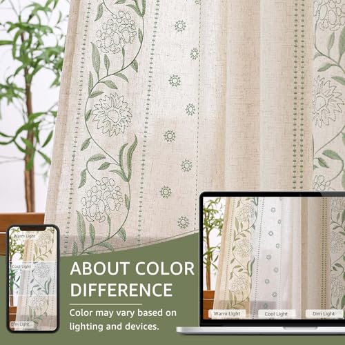 Image of jinchan Sage Floral Linen Curtains for Living Room 63 inch Back Tab 2 Panels