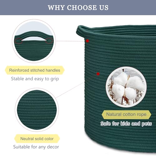 Image of Large Cotton Rope Blanket Basket, 87L Laundry Hamper, Dark Green