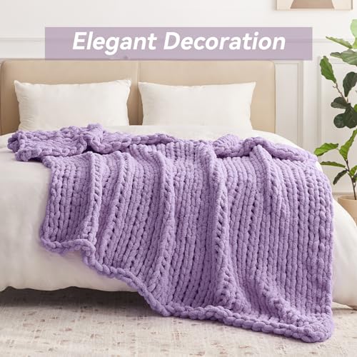 Negwoo Grobstrick-Überwurfdecke, 152,4 x 203,2 cm, Chenille-Garn für Bett, Couch, handgefertigt, hellviolett, gehäkelt, groß, dick… – Ansicht 3