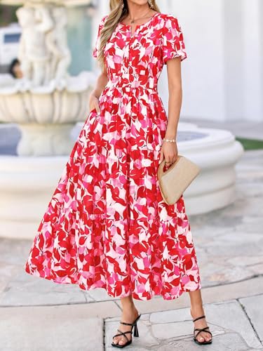 Image of BTFBM Womens Summer Floral Maxi Dresses V Neck Short Sleeve Boho Casual Flowy Long Wedding Guest Dress Beach Vacation