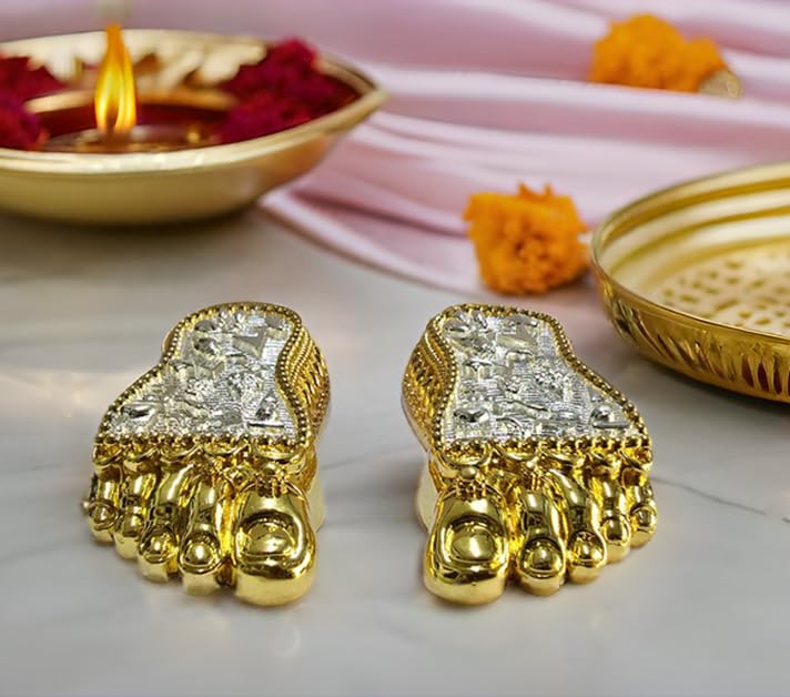 Image of Gold Art India Shri Laxmi Charan Paduka Gold & Silver Plated | Bhagyam Lakshmi Charan Idol | Maa Lakshmi Blessings Feet for Office Home Temple | Ideal for Laxmi Puja Housewarming Gifts (4.5 Inch)