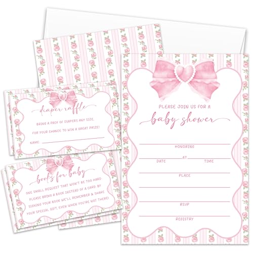 lamocho Pink Bowknot Shower Invitations For Girl, Flower Baby Invites, Diaper Raffle Tickets Diaper Raffle Cards, Book Request Cards Fill in Blank (25 Pcs & Envelopes)/Baby Set-02