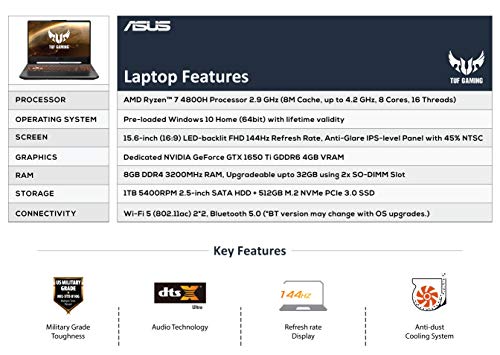 Image of ASUS TUF Gaming A15 Laptop 15.6 inch FHD 144Hz Ryzen 7 4800H, GTX 1650Ti 4GB Graphics (8GB RAM /1TB HDD + 512GB NVMe SSD /Windows 10 /Fortress Gray /2.30 Kg), FA566II-HN231T