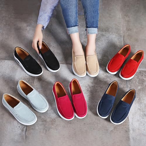 Image of Aceptolcom Women's Red Suede Platform Wedge Loafers, Casual Comfort Good Arch Support Slip On Shoes, Size 4.5-9.5