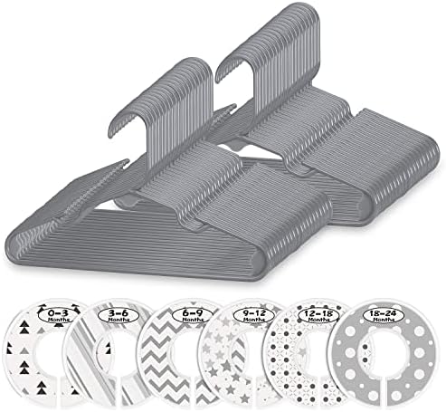 Minnebaby Plastic Baby Hangers 60 Pack, Ultra Thin No Slip Infant Nursery Clothes Hangers with 6 Pcs Cute Clothing Dividers for Boys & Girls Closet Organizer, Gray Kids Hangers
