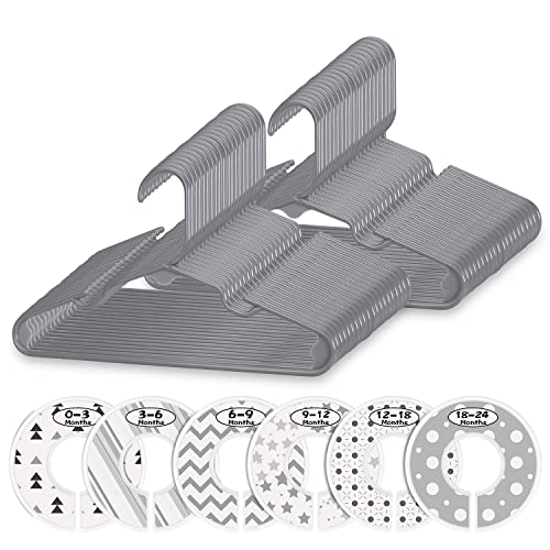 Image of Minnebaby Plastic Baby Hangers 60 Pack, Ultra Thin No Slip Infant Nursery Clothes Hangers with 6 Pcs Cute Clothing Dividers for Boys & Girls Closet Organizer, Gray Kids Hangers