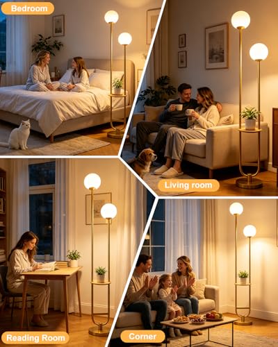 Image of Lightdot 2 Globe Gold Floor Lamp with Table Mid Century Standing Lamps with 3000K LED Bulbs Unique U-Pole Vintage Tall Floor Lamp with 5Lbs Heavy Base for Living Room /Bedroom /Wedding /Party /Home Decor