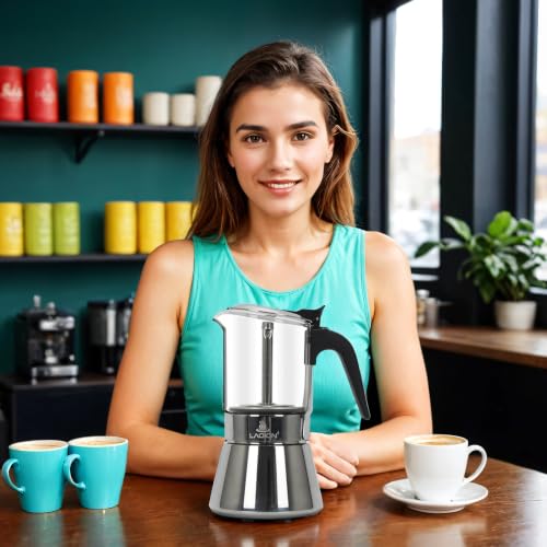 Image of LAOION Stovetop Espresso Maker, 6Cup 240ml Moka Pot, Cuban Coffee Maker | Crystal Glass-top & Stainless Steel Coffee Maker Mocha Pot, Greca De Cafe, Cuban and Italian Coffee Maker for Cafetera Cubana