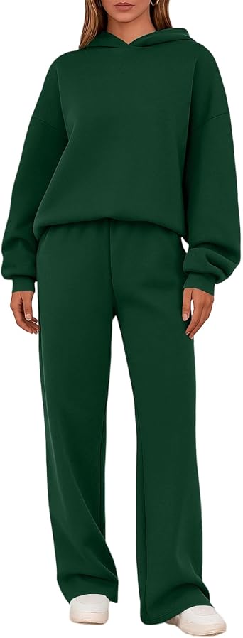 2 Piece Sets for Women Lounge Hoodie Sweatsuit Loose Wide Leg Sweatpants Travel Airport Outfits Greens M