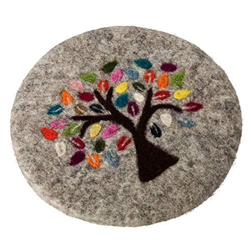 Maharanis Lebensbaum FAIRTRADE Tree of life handgefilzter Untersetzer 21 cm graumeliert bunt bestickt, 21 cm, Grau Meliert Cover