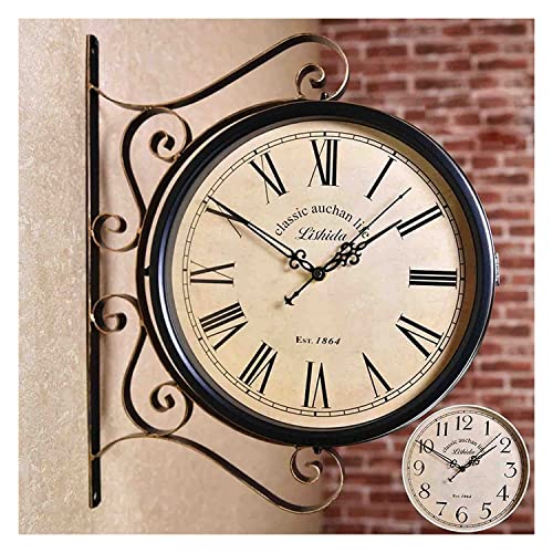 LUOYAOB Retro Bahnhofsuhr Doppelseitiger Bahnhofsuhr, Gartenwanduhr im Freien, Vintage hängende doppelseitige Uhr for Terrasse Veranda Garten im Freien Dekorative doppelseitige Hängsuhr (Color : B)