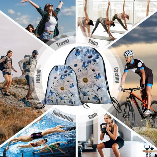 Image of Drawstring Storage Pouch Daisy Flowers Blue Cloth Shoe Bags for Gym Party Picnic