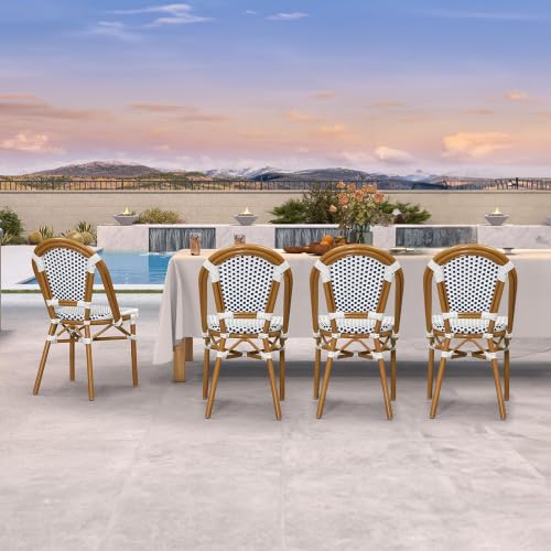 Image of PURPLE LEAF Outdoor Dining Chair Set of 4 Patio French Aluminium Frame in Bamboo Finish with Sky Blue & White Woven Rattan for Indoor Kitchen Deck Bistros Cafe Restaurant